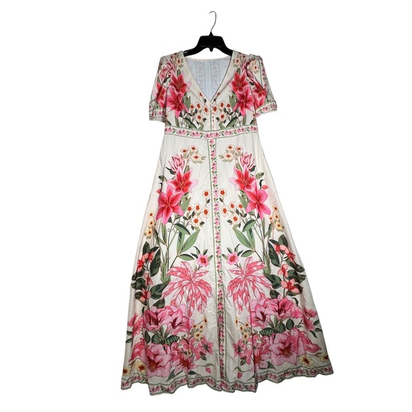 Pink Tropical Floral V-Neck Button Front Maxi Dress Size Large Cream - Picture 7 of 13